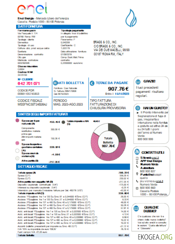 Facture commerciale de service public Enel Energia, SCR